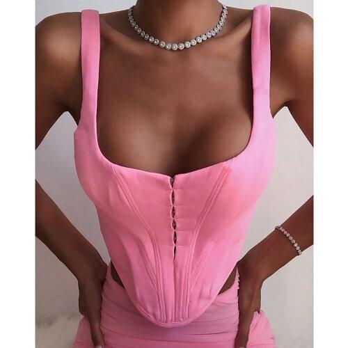 OMILKA Corset Crop Tops 2020 Summer Women Sleeveless O Neck Rhombic Slim Club Party Backless Pink Short Bustier Tops Tees
