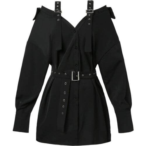 2020 Black Sexy Gothic Shirt Dress With Belt Punk Style Mini Sexy Strap Autumn Female Club Wear Party Off Shoulder Streetwear