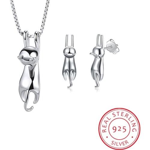 S925 Stamp 925 Sterling Silver Jewelry Sets Lovely Animal Cat Necklace+Earrings For Women Girl Gift