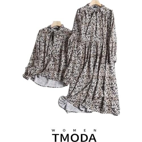 TMODA1269 2021 Summer Black Cherry Print Long-Sleeved Shirt Dress Women High-Waist Fashion Loose Casual Dress Lady Blouse Tops