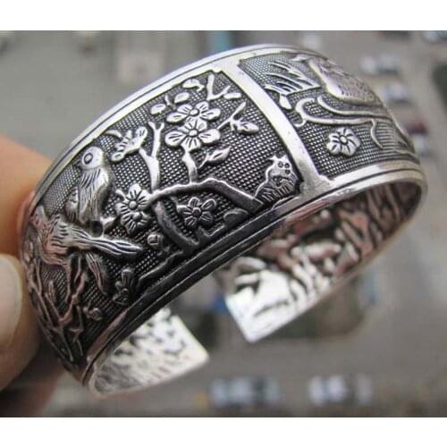 Tibetan Tibet Chinese Bird Flower Totem Wide Bangle Cuff Bracelet