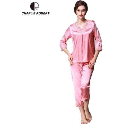 CR 2019 Women Sexy Nightwear Imitation Silk Pajamas Set Long Sleeve Lounge Sleepwear Suit AP511