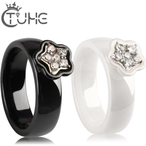 6mm Flower Shape Ceramic Rings For Female Austrian Crystals Black White Engagement anillos anel Rings for Women Wedding Ring