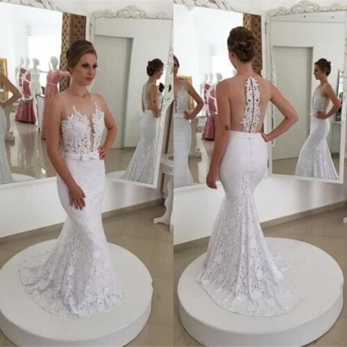 Sexy Illusion Back Appliqued Lace Mermaid Wedding Dresses 2021 Sweep Train Belt Bow Bridal Gowns Vestidos De Novia