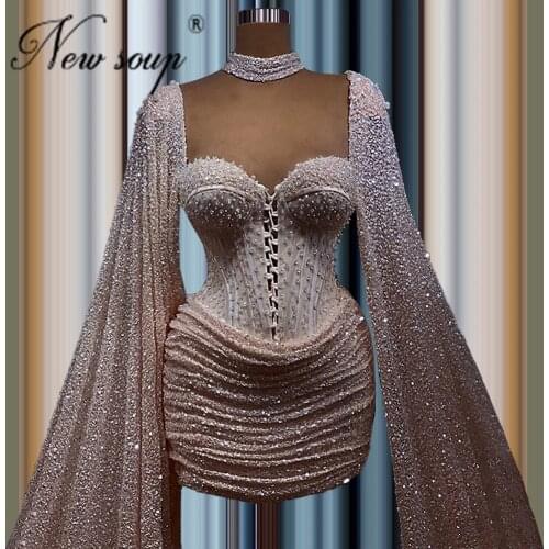 Abendkleider Pearls Middle East Evening Dresses Formal Long Sleeves Celebrity Party Dresses Robe De Soiree 2021 Short Prom Gowns
