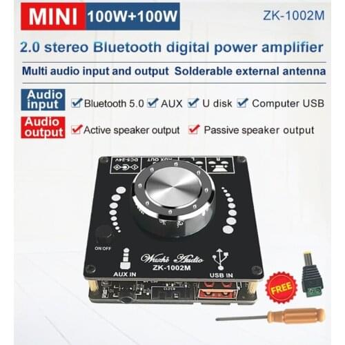 ZK-1002M 100W+100W Bluetooth 5.0 Power Audio Amplifier board Stereo AMP Amplificador Home Theater AUX USB
