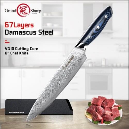 Grandsharp 8 Inch Kitchen Knife 67 Layers Japanese Damascus Chef Knife VG-10 Steel Damascus Knives Stainless Steel G10 Handle