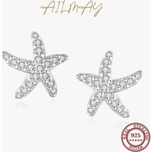 Ailmay Wedding Engagement Real 925 Sterling Silver Starfish Shape Shiny Zircon Stud Earring Star For Women Fine Shape Jewelry