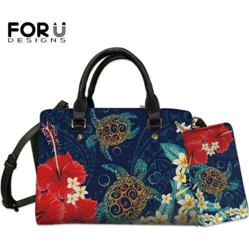 FORUDESIGNS Luxury Designer Handbag And Purse 2pcs Hawaiian Turtle Hibiscus Polynesian Style Female Crossbody Bag Bolsa Mujer