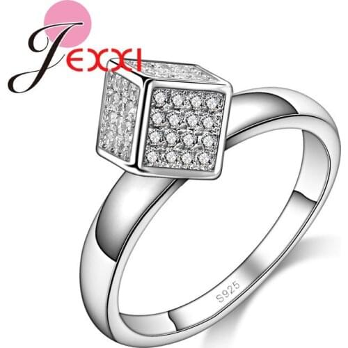 High Quality 925 Sterling Silver Women Sparkling CZ Crystals Rhinestone Cube Geometric Jewelry Female Wedding Band Ring