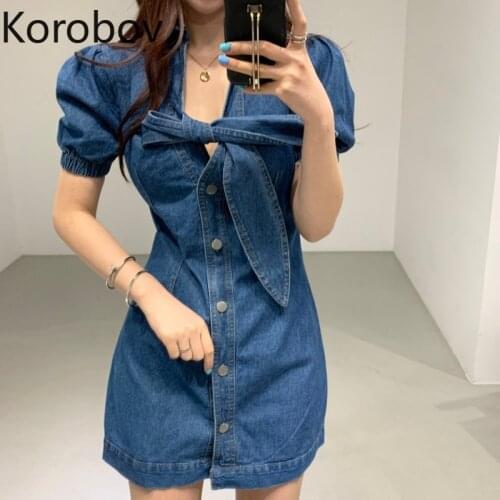 Korobov Korean Streetwear Sexy Denim Mini Dresses Vintage Bow Collar Puff Sleeve A-Line Dress Single Breasted Vestidos Femme