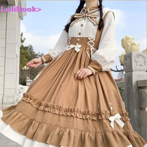 Lolibook Sweet princess lolita dress vintage lace bowknot peter pan collar high waist victorian dress kawaii girl lolita OP