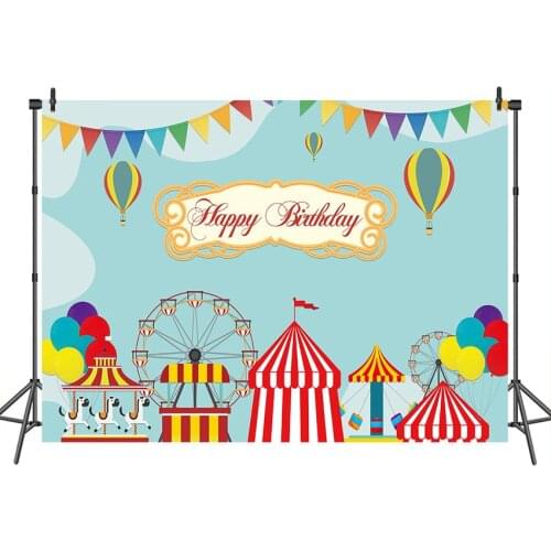 Neoback Happy Birthday Backdrops Circus Ferris Wheel Hot Air Balloon Banner Decoration Photography Backdrops Studio Shoots