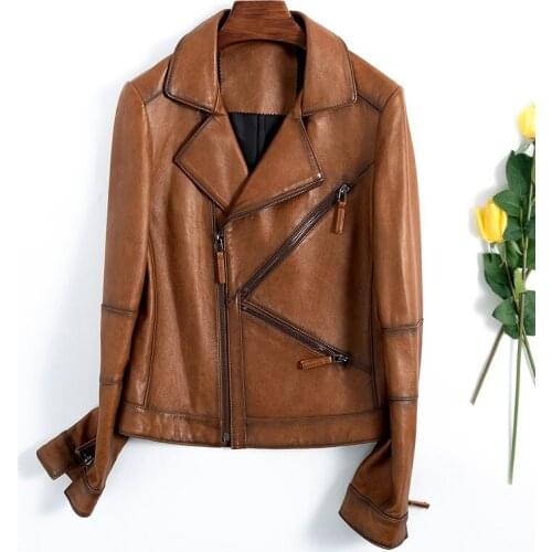 Fashion Genuine Leather Jacket Zippers Women Natural Sheepskin Coat Belt Lady Short Style Real Leather Coat for Women Spring