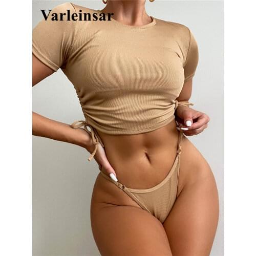 New Ribbed Short Sleeve Bikini Women Swimwear Female Swimsuit Two-pieces Bikini set High Cut Bather Bathing Suit Swim Lady V3206