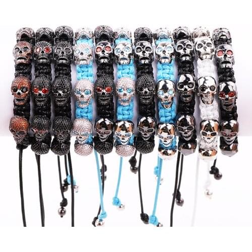 New Arrival Men Jewelry Bracelet Luxury CZ Mirco Pave Skull Charm Handmade Wax Cord Braided Macrmae Wrap Bracelet Men
