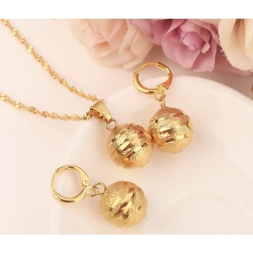 Round Ball Pendant Necklace chain Earrings sets Jewelry Fine 14 k Yellow Solid Gold Finish Bead Necklaces sets for women