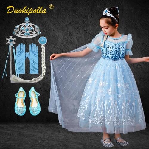Snow Queen Summer Light Blue Girls Elsa Dress Snowflake Princess Dress Up Christmas Toddler Tulle Sequins Ball Gown Long Tail
