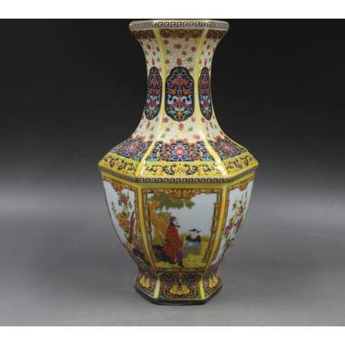 Qing Yong Zheng year mark golden enamel hexagon vase characters story flowers birds fine ornaments porcelain antiques