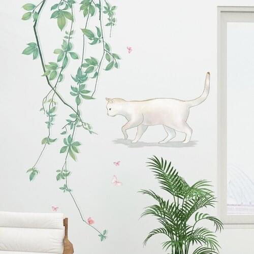[SHIJUEHEZI] Green Plant Leaves Wall Stickers DIY Cat Animal Wall Decals for Living Room Baby Bedroom Nursery House Decoration