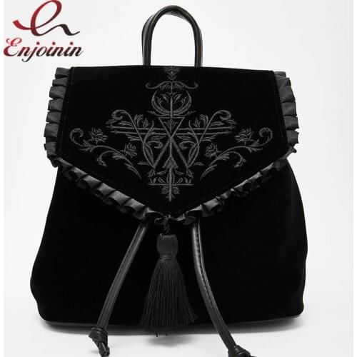 Dark Harajuku Style Velvet Backpack Witch Gothic Magic Embroidery Black Punk Rock Style Ladies Backpack Travel Bag Shoulder Bag