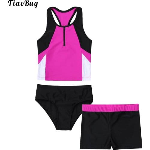 TiaoBug Fashion Summer 3Pcs Kids Girls Swimwear Round Neck Sleeveless Front Zipper Racer Back Tops With Briefs Boy Shorts Sets