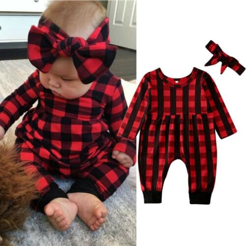 Spring Newborn Bay Girl Clothes 2021 Plaids Long Sleeve Crew Neck Romper Rompers Baby Girl Boy Clothes Overall Headband Outfit