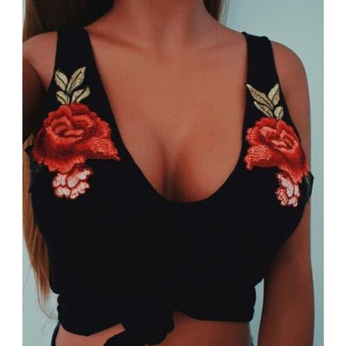 Fashion Floral Embroidery T-Shirt Women Sleeveless Tops Deep V-neck Solid Causal Tees Shirt Femme Sexy Summer Tops