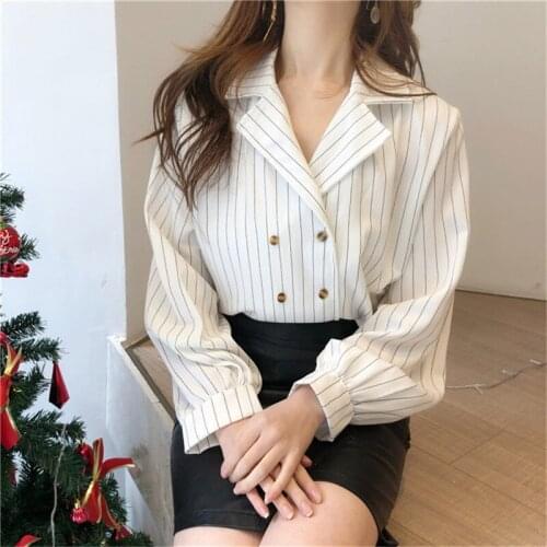 2019 Spring Summer Vintage Women Double-breasted Blouse Tops Casual V-Neck Striped Blouses Ladies Long Sleeve Shirts Blusas 1347
