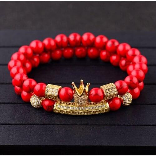 DOUVEI Red Stone Beaded Bracelet Gold Color Alloy Pave Setting CZ Crown&Ball Bracelet For Women Men Couple Bangles Jewelry