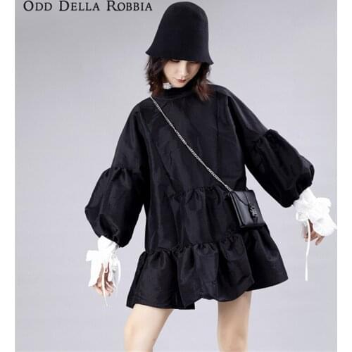OddDellaRobbia Women Harajuku Japanese Vintage Lolita Gothic Pleated Dress Turtleneck Lantern 7-Point Sleeves Tutu Skirt 533