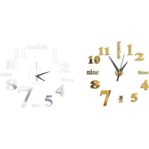2 Pcs 3D Large Wall Clock Mirror Sticker Big Watch Sticker Home Decor Unique Gift DIY, Gold & Silver
