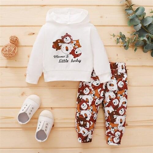 0-18Months Baby Girl 2Pcs Newborn Outfits Autumn Warm Toddler Cartoon Animal Letter Print Long Sleeve Hooded Top Hoodie + Pants
