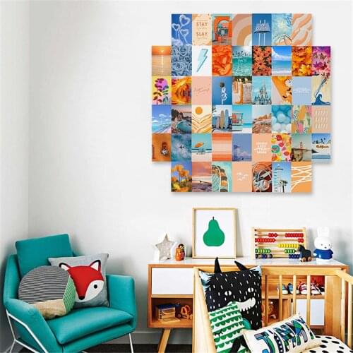 50Pcs Leisure Travel Sea Sun Beach Vacation Fresh Pictures Bright Colors Flower Wall Collage Orange Blue Themed Decorative Art