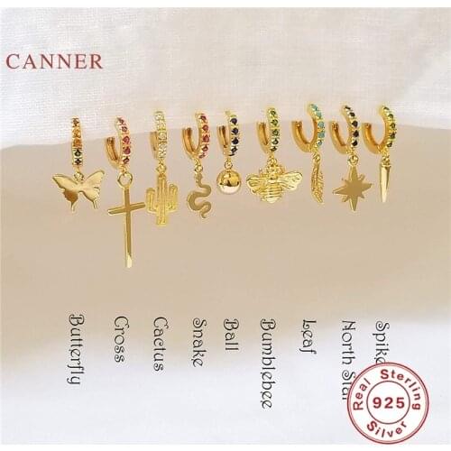 CANNER 925 Sterling Silver Earrings For Women Rivet Star Butterfly Leaf Butterfly Cross Earrings Hoops Pendientes Plata Jewelry
