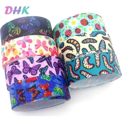 DHK 50yards Bug Butterfly Printed Grosgrain Ribbon Accessory Hairbow Headwear Decoration DIY OEM Wholesale S1537