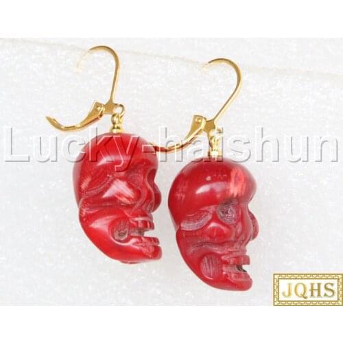 JQHS Dangle red coral skeleton Earrings 14K j13209
