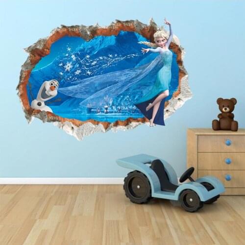 Cartoon Frozen Elsa Princess Olaf Broken Hole 3D Wall Stickers For Home Decoration Anime Movie Mural Art Kids Room Wall Decals
