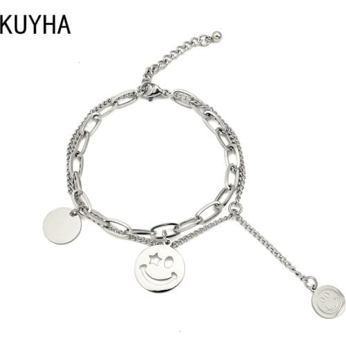 New 2021 Hot Sale High Quality Double-Layer 316L Stainless Steel Smile Face Pendant Silver Gold Plated Link Chain Bracelet