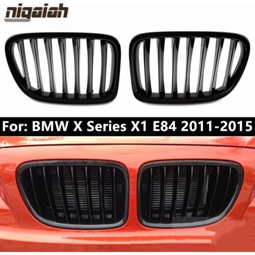 1 Pair Racing Grills for BMW X1 E84 2011-2015 Front Bumper Grille Glossy Black Single Line Dual Slats Kidney Grill Replacement