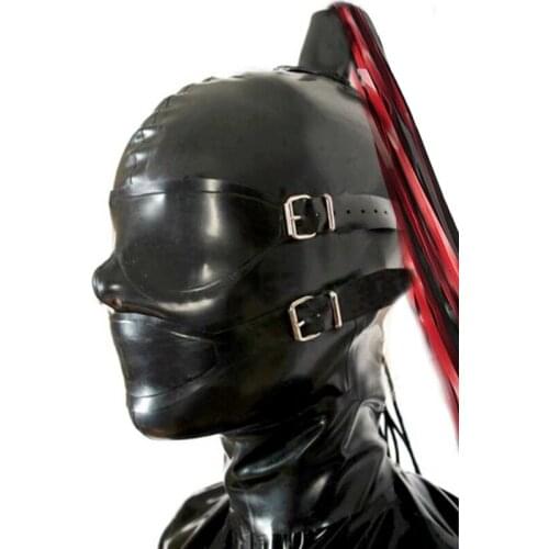 Handmade Black Latex Hood Mask with Eyes Mouth Patch Hairpieces Back Zipper Custom