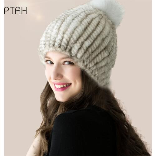 [PTAH] Hairy Hat Women Winter Hats for Women Ladies Knitted Hat Pure Color Hairball Girl Cap Female Warm Soft Comfort Woolen Hat