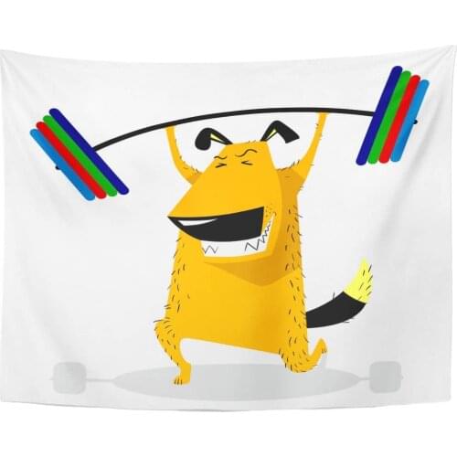 Dog Sporting with Barbell Pet Pumping Muscle Fitness Exercises Weight Lifting Cute Training Tapestry Home Decor Wall Hanging