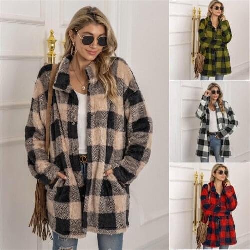 Spring Autumn Women Casual Plush Long-sleeved Coat Fashion Color Contrast Plaid Single-breasted Mid-length Jacket S-XXL