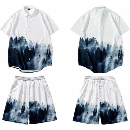 Spring and Autumn Thin Non-hooded Short Sleeve Smoke Stretching Forest Digital Printing Vacation Leisure Beach Pants Set