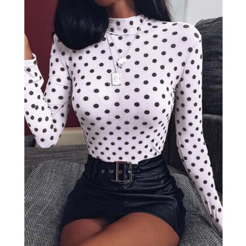 Vintage Sexy Black Mesh See through Polka Dot Print T-shirt Fashion Spring Women Long Sleeve O-Neck T-shirt Party Club Top Tees