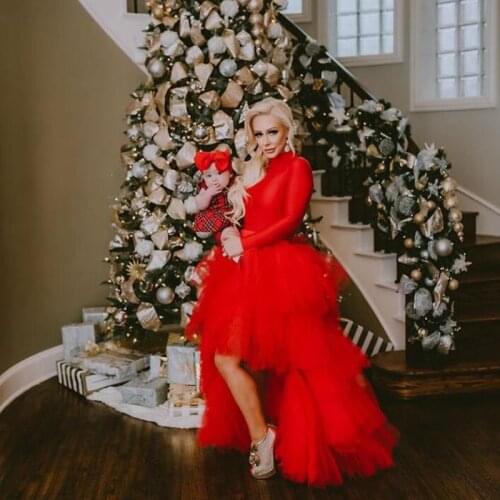 Red Christmas Ruffles Tiered High Low Women Tulle Skirts Pretty Long Female Maxi Skirt Elastic Formal Tulle Skirt