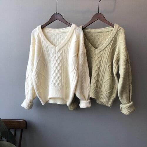 2020 Autumn V-Neck Knitted Long Sleeve Loose Style Women Warm Sweater Pure Color Winter Pullovers Pull Femme