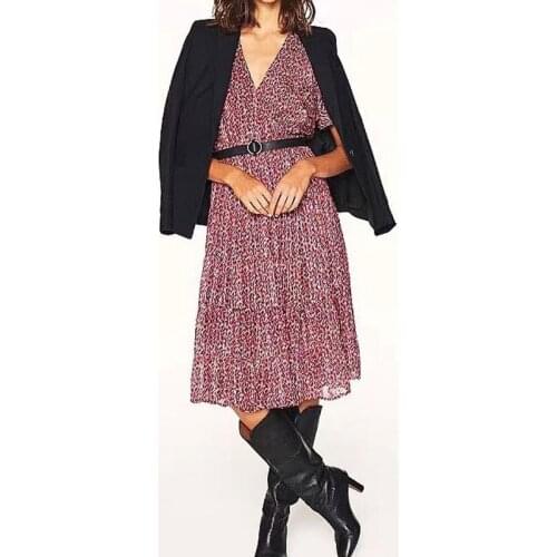 Women Dress 2020 New Printed V-neck Gold Thread Red Dress Retro