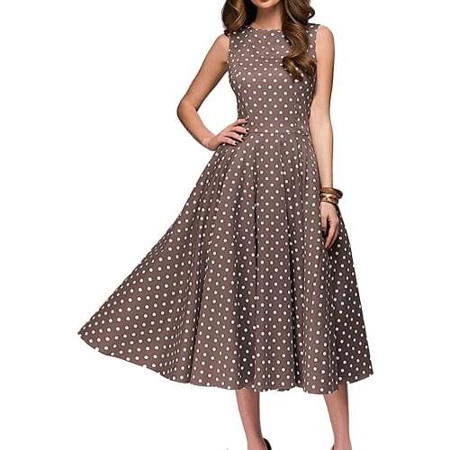 Womens Retro Polka Dot Printing Sleeveless Round Neck Mid-Length Dress Casual Elegant Work Business Cocktail Party Dress